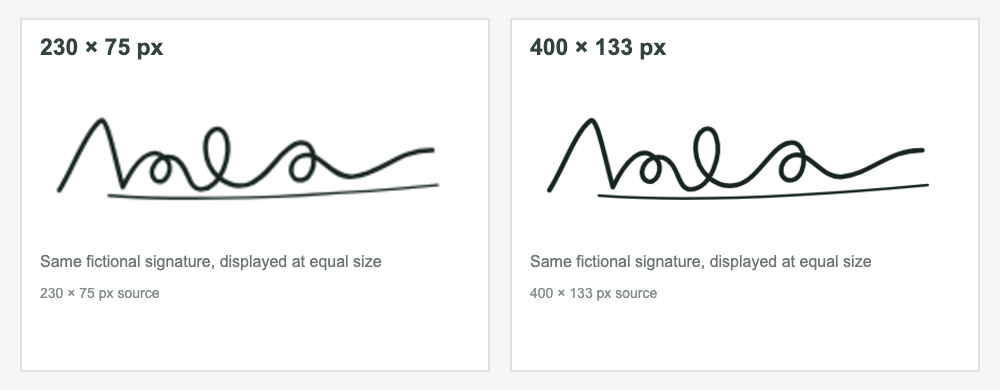 The same fictional ink signature compared at 230 × 75 px and 400 × 133 px, displayed at equal size.